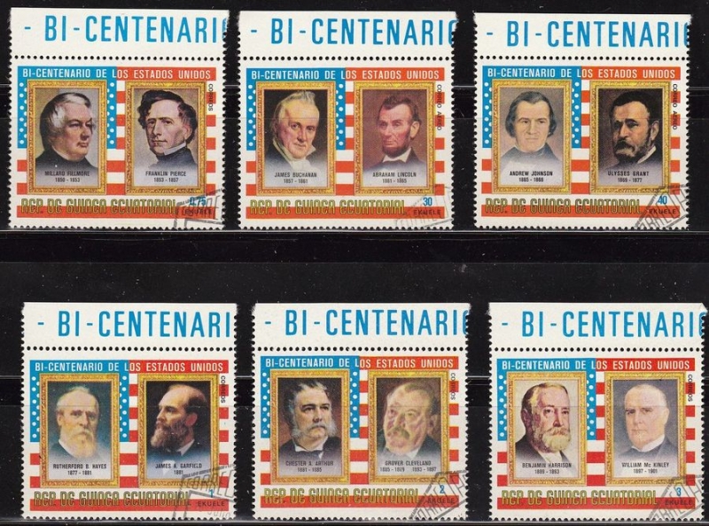 Guinea Ecuatorial Sellos Presidentes 1850 a 1901 Bicentenario Estados Unidos Fillmore, Pierce, Buchanan, Lincoln, Johnson, Grant, Hayes, Garfield, Arthur, Cleveland, Harrison y Mc Kinley Matasello de favor Preobliterado 